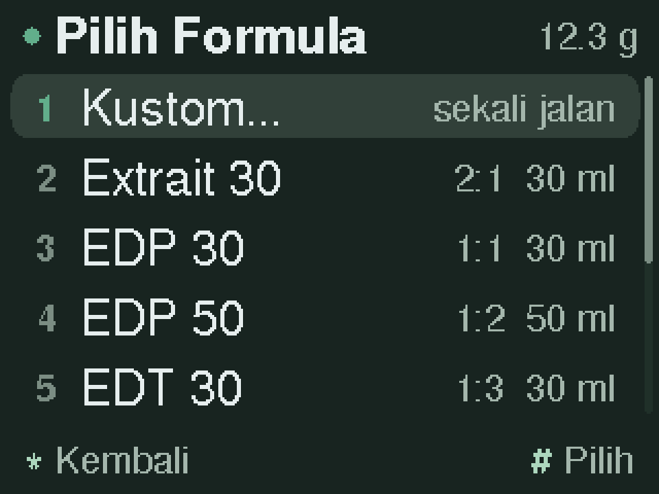 Layar mesin pada langkah "Pilih formula"