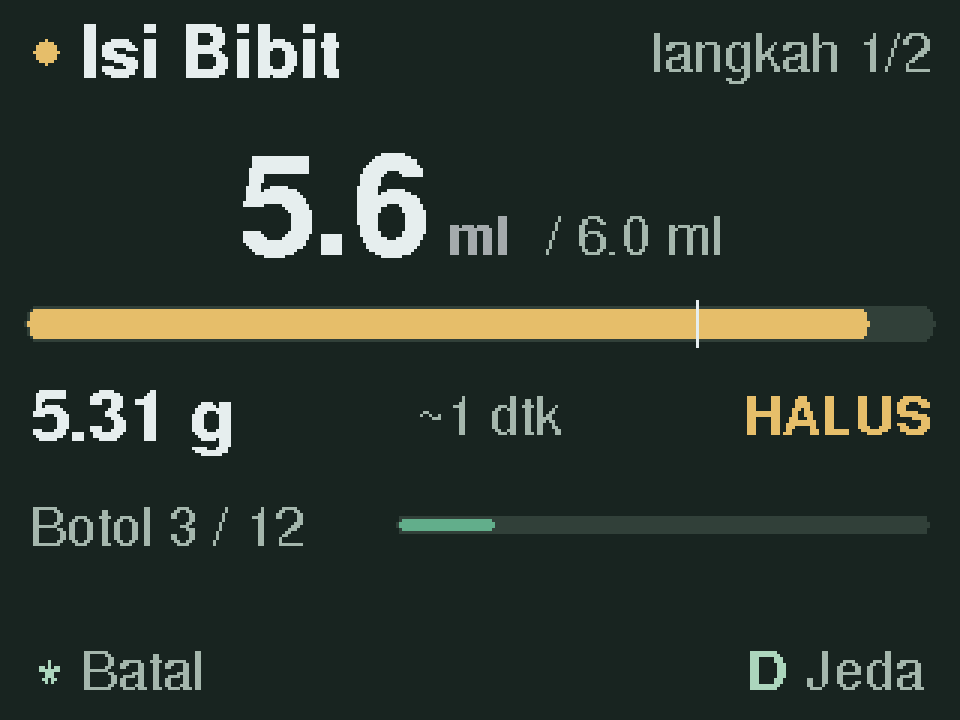 Layar mesin pada langkah "Mesin menakar"